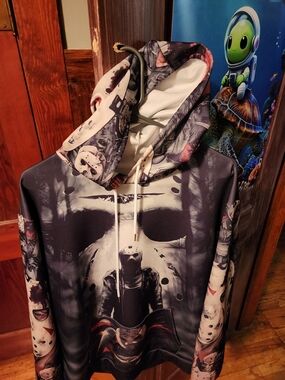 Men's Graphic Hooded Pullover Jacket - Black & White Horror Print